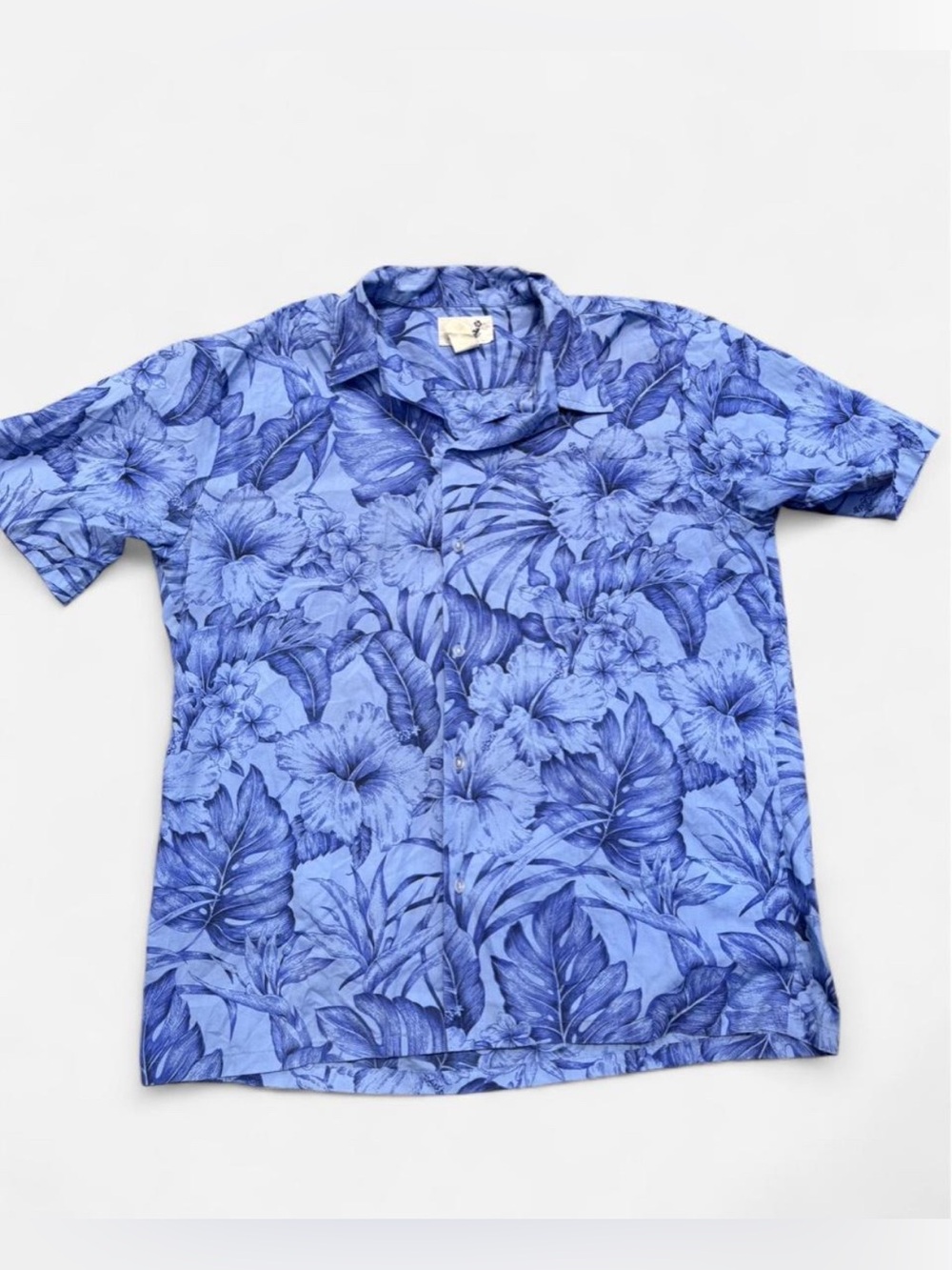 Kad Creations Blue Hawaiian Aloha shirt with tropical floral pattern size XL